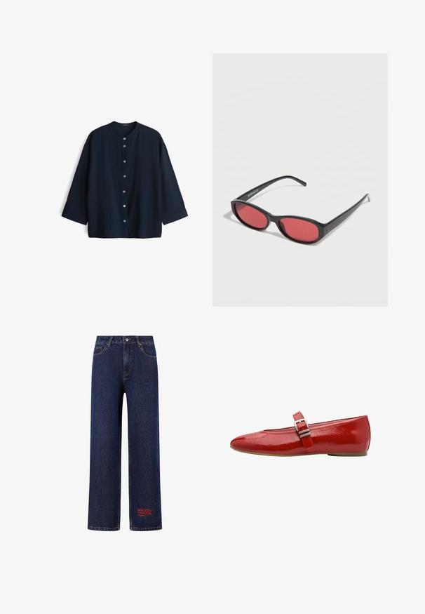 Marineblaue, leichte Bluse mit Rundhalsausschnitt, Dreiviertelärmeln und sieben Knöpfen vorne. Glatte Textur und lockere Passform.; Dunkelblaue Jeans mit geradem Bein, Fronttaschen, Knopf- und Reißverschluss sowie kleinem roten gesticktem Don Ed Hardy-Logo nahe dem Saum.; Roter Ballerina aus Lackleder mit abgerundetem Zehenbereich und Riemen mit Schnalle über dem Mittelfuß; flache Sohle mit minimalem Profil.; Schwarze ovale Sonnenbrille mit schlanken Bügeln und rot getönten Gläsern, die auf einer weißen Oberfläche liegt.