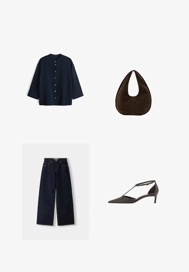 Marineblaue, leichte Bluse mit Rundhalsausschnitt, Dreiviertelärmeln und sieben Knöpfen vorne. Glatte Textur und lockere Passform.; Dunkelblaue, weite Jeans mit hoher Taille, fünf Taschen, Kontrastnähten und silbernem Metallzubehör. Glatte Textur und saubere Verarbeitung.; Schwarze Leder-Damen-Schuh mit spitzem Zehenbereich, niedrigem Absatz, T-Riemen und goldener Schnallenverschluss auf weißem Hintergrund.; Dunkelbraune Wildleder-Handtasche in Halbmondform mit einem breiten Riemen und glatter Textur vor weißem Hintergrund.
