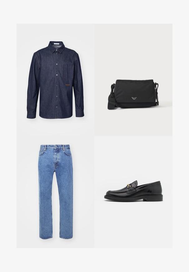 Chemise en denim foncé avec un devant boutonné, un col pointu, une poche poitrine unique et des détails de couture contrastants.; Won Hundred STEVE - Jean boyfriend - cut blue; Mocassins en cuir noir avec un embout rond, présentant des accents en métal doré et des détails de couture, montés sur une semelle en caoutchouc texturé et basse.; Sac bandoulière noir avec sangle réglable et petit emblème logo argenté sur le rabat avant, présenté sur un fond clair uni.