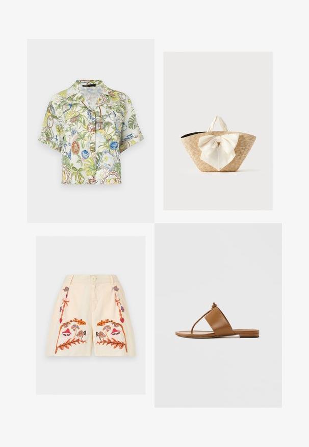 Chemise à manches courtes boutonnée avec imprimé tropical featuring palmiers, coquillages, timbres-poste et motifs de voyage vintage sur tissu clair.; Shorts crème avec bouton devant, fermeture éclair, et motifs brodés symétriques floraux et champignons en orange, rose, bleu et marron.; Sandale plate marron avec une large bride et une fine lanière en forme de tongs ornée d'un nœud sur le dessus, sur fond gris clair uni.; Sac cabas en paille tissée avec des poignées en tissu crème et un grand nœud décoratif crème à l'avant, sur un fond uni.