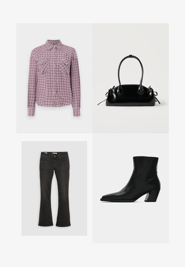 Paarse en roze geruite button-up shirt met een kraag, twee borstzakken en lange mouwen. Gemaakt van stof met een geblokt patroon.; Zwarte bootcut jeans met voorzakken, riemlussen en knoopsluiting, plat uitgestald op een lichtgrijze achtergrond.; Zwarte leren enkelboot met een spitse neus, een slanke silhoeet en een chunky vierkante hak. Gladde textuur met minimale stikdetails.; Kleine zwarte glanzende handtas met twee lange hengsels en zijkant trekkoord details op een effen lichte achtergrond.