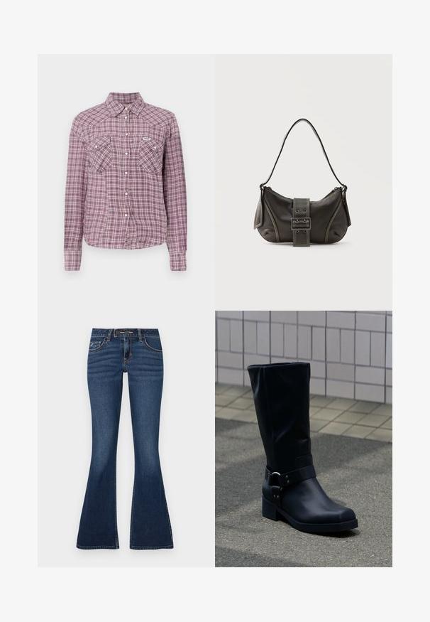 Paarse en roze geruite button-up shirt met een kraag, twee borstzakken en lange mouwen. Gemaakt van stof met een geblokt patroon.; Flared jeans in donkerblauwe denim, met een klassiek ontwerp van vijf zakken, contrasterende stiksels en een ritssluiting met knoop.; Zwarte leren kuitlaars met een lage blokhak en een decoratieve riem met metalen gesp rond de enkel, op een betegeld trottoir.; Zwarte leren schoudertas met gespsluiting aan de riem, afgeronde hoeken en contrasterende witte stiksels op een effen achtergrond.
