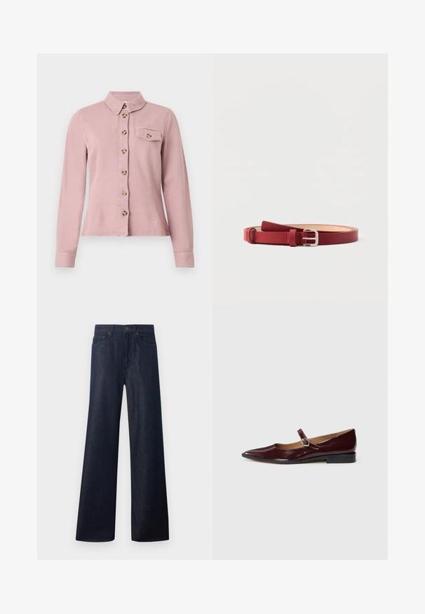 Chemise rose clair à manches longues avec des boutons marron sur le devant, rabat de poche poitrine boutonné et petit col sur fond blanc.; Jean denim bleu foncé à jambes larges avec bouton devant, fermeture éclair et style cinq poches sur fond clair.; Ballerines en cuir verni bordeaux de type Mary Jane avec un bout pointu, un talon plat et une sangle décorative avec une boucle circulaire.; Ceinture en cuir rouge avec boucle rectangulaire argentée, extrémité en boucle et texture lisse, présentée enroulée à plat sur fond blanc.