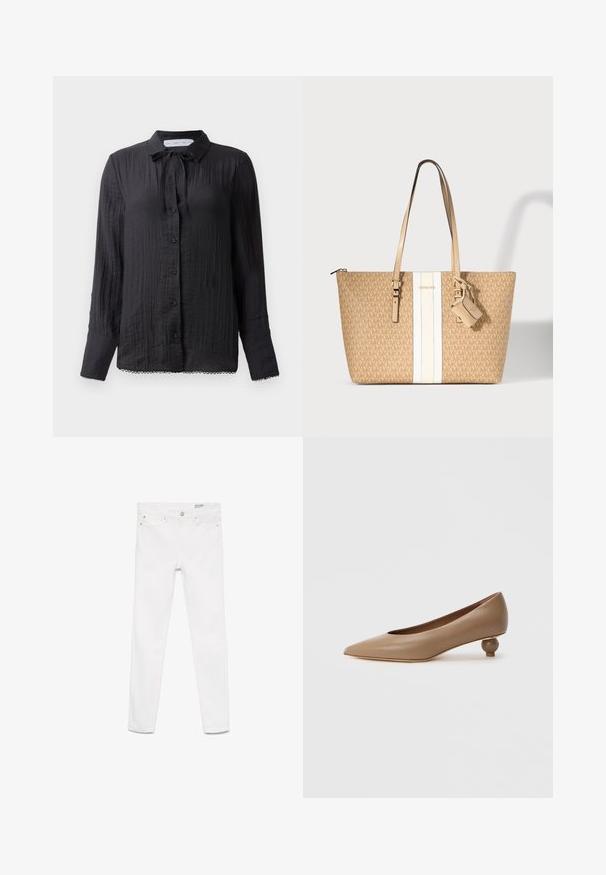 Zwarte blouse met knoopsluiting en een strikdetail bij de hals, van gestructureerde stof, met lange mouwen en kantafwerking aan de onderkant. De knopen zijn zwart en glanzend.; Witte slim-fit jeans met voorste knoop en ritssluiting, riemlussen en ontwerp met vijf zakken, plat gelegd op een witte achtergrond.; Pumps met een spitse neus van glad lichtbruin leer. Voorzien van een afgeronde lage hak met een bolvormige uitstraling. Minimalistisch ontwerp, zonder zichtbare versieringen.; Beige Michael Kors tote bag met herhalend logopatroon, witte centrale streep, dubbele handvatten en aangehechte kleine pouch.