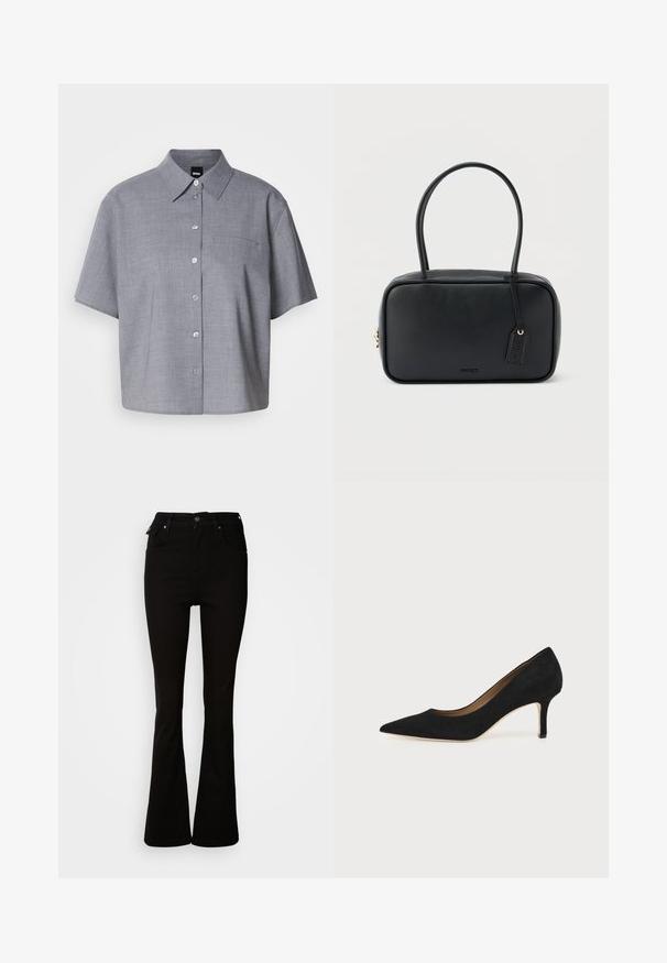 Grå kortærmet skjorte lavet af letvægtsstof, med krave, knaplukning foran, en enkelt brystlomme og en afslappet pasform.; Sorte flare jeans lavet af denim, med høj talje, forlommer og et klassisk fem-lomme design med metalhardware detaljer.; Sort ruskind spids tå højhælet pumpe med en slank mellemhøj stilethæl og et lavt snit på en ensfarvet baggrund.; Sort rektangulær håndtaske med dobbelte runde håndtag, gylden lynlås og præget "HUGO"-logo foran med fastgjort lædermærke.