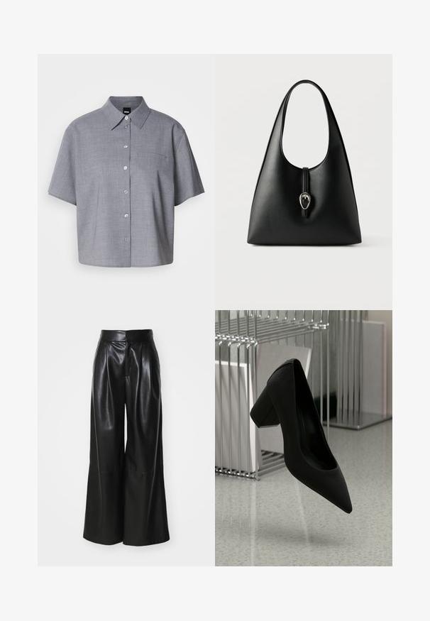 Grau kurzärmliges Hemd aus leichtem Stoff, mit einem Kragen, Knopfverschluss vorne, einer einzelnen Brusttasche und einer lässigen Passform.; Schwarze Kunstleder-Hosen mit weit geschnittenem Bein, hoher Taille, plissierter Vorderseite und glatter Textur. Verfügt über ein sauberes, minimalistisches Design.; Schwarzer High-Heel-Schuh mit spitzem Zehenbereich und blockiertem Absatz, aus strukturiertem Leder, über einem glatten Boden schwebend.; Schwarze Lederhandtasche mit einem einzelnen Griff und einem Verschlussriemen mit silberner Schnalle vor weißem Hintergrund.