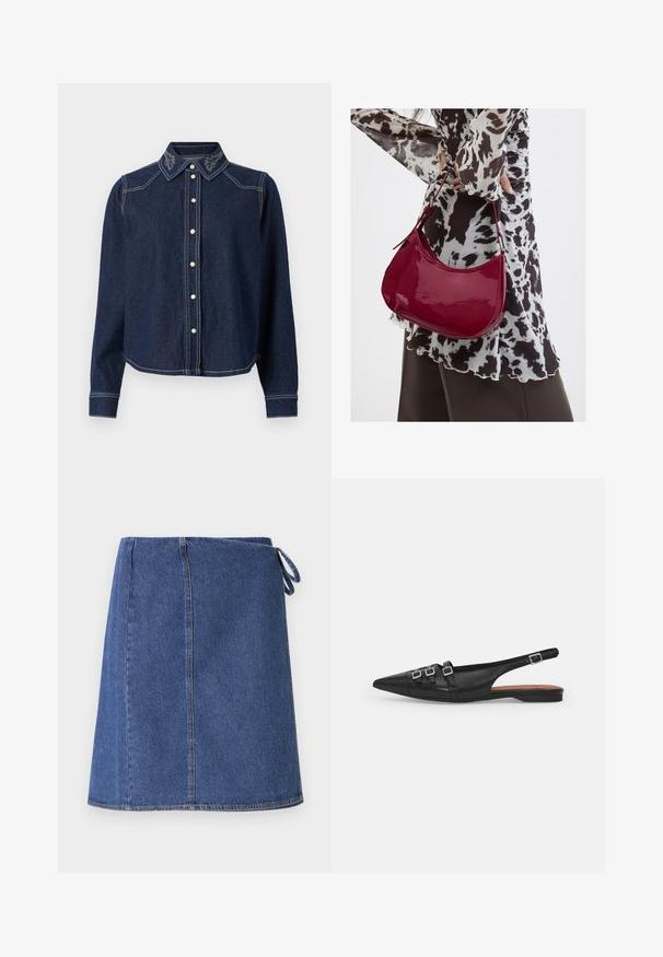 JDY Denim JDYBELLA Denim - Chemisier - dark blue denim; Jupe en denim bleu foncé. Présente une coupe droite, des coutures visibles et un lien sur le côté pour ajustement. Texture lisse et ourlet standard.; Chaussure plate noire en cuir avec un bout pointu, dotée de deux lanières horizontales et de boucles carrées en argent, avec un faible talon et une texture lisse.; Femme portant un chemisier à motif noir et blanc tenant un sac à main rouge brillant sur un fond uni.