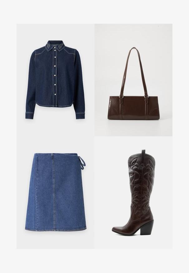 JDY Denim JDYBELLA Denim - Skjortebluser - dark blue denim; Denim indpakningsskørt i mørkeblå. Har en lige snit, synlige syninger og et sideløkke til justering. Glat tekstur og standard kant.; Høj mørkebrun læder cowboystøvle med syede dekorative mønstre, spids tå og stablet blokhæle.; Brun lakeret håndtaske med rektangulær form, to lange håndtag og subtile buede detaljer på fronten.