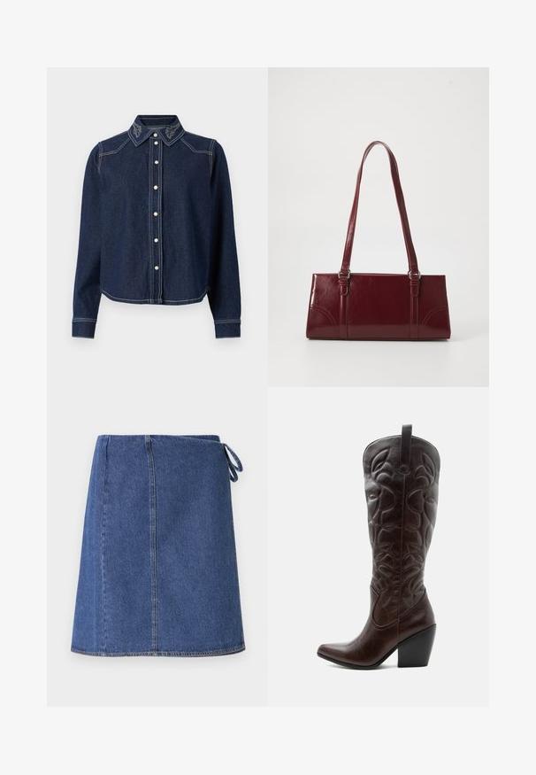 JDY Denim JDYBELLA Denim - Blusa - dark blue denim; Falda envolvente de mezclilla en azul oscuro. Presenta un corte recto, costuras visibles y un lazo lateral para ajuste. Textura suave y dobladillo estándar.; Bota vaquera alta de cuero marrón oscuro con patrones decorativos cosidos, punta puntiaguda y tacón de bloque apilado.; Bolso burdeos hecho de material brillante, de forma rectangular, con dos asas para el hombro y sutiles acentos curvados en la parte frontal.