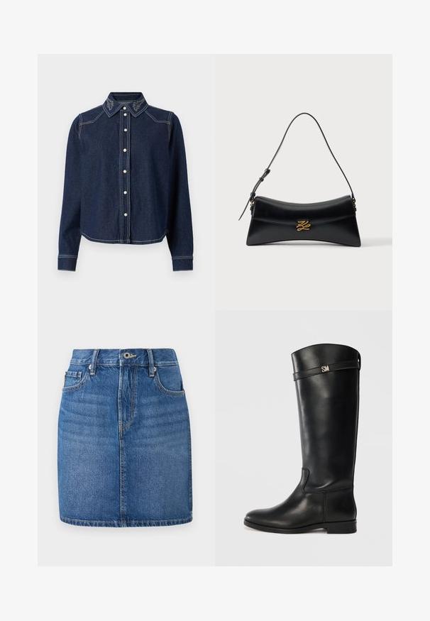 JDY Denim JDYBELLA Denim - Skjortebluser - dark blue denim; Denim nederdel i blå, lige skæring med taljebånd, forlommer og en falmet finish. Har kontrast syninger og lynlås til åbning.; Knæhøje sorte læderstøvler med en glat overflade, der har en sølv "SM" accent og et enkelt design. Lav, flad hæl.; Sort læderhåndtaske med buet trapezform, topgreb og gyldent dekorativt spænde på frontklappen mod en hvid baggrund.