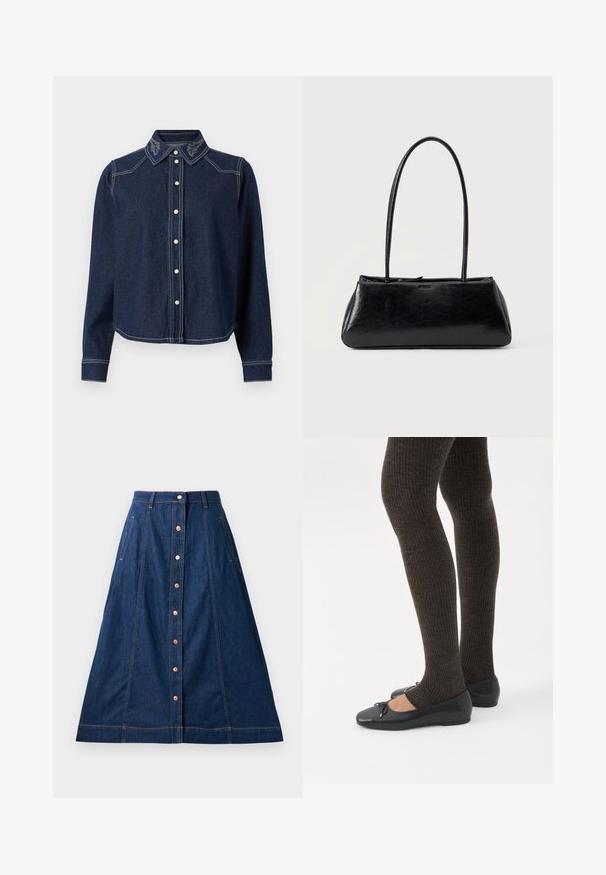 JDY Denim JDYBELLA Denim - Nööpidega pluus - dark blue denim; Tumed denim A-line seelik, millel on esipaneelil nupud, taskud, kontrastne õmblus ja põlve keskosa pikkus.; Jalad seljas tumedad soonelises soonelises kombines mustade baleriinadega, millel on väikesed paelade detailid valgel taustal.; Must ristkülikukujuline õlakott pikkade õhukeste rihmade ja siledapoolse, läikiva tekstuuriga ühevärvilisel taustal.