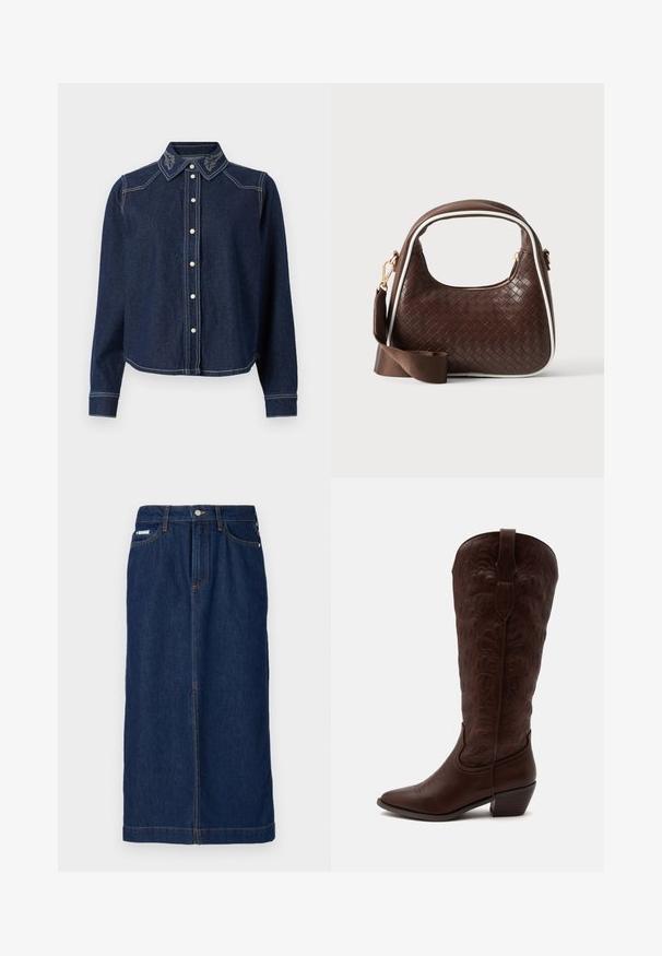 JDY Denim JDYBELLA Denim - Blusa - dark blue denim; Falda de mezclilla en azul oscuro con corte recto, presenta costuras en naranja, una cinturilla con trabillas para cinturón y bolsillos delanteros.; Botas de cowboy altas de cuero marrón con costuras detalladas, punta puntiaguda y tacón cuadrado sobre un fondo claro y liso.; Bolso de mano de piel trenzada marrón con ribete blanco, cremallera dorada y correa de hombro de tela marrón desmontable.
