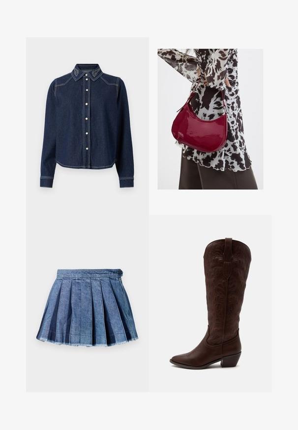 JDY Denim JDYBELLA Denim - Nööpidega pluus - dark blue denim; Sinine denimist plisseeritud mini seelik, millel on nööbiga ja sivritsuga sulgemine, ning frakitud ääre detail.; Kõrge pruun nahast kauboisaap detailse õmblusega, terava varbaosaga ja plokk-kontsaga ühevärvusel heledal taustal.; Naine, kes kannab must-valget mustriga pluusi ja hoiab läikivat punast õlakotti ühevärvilise tausta ees.