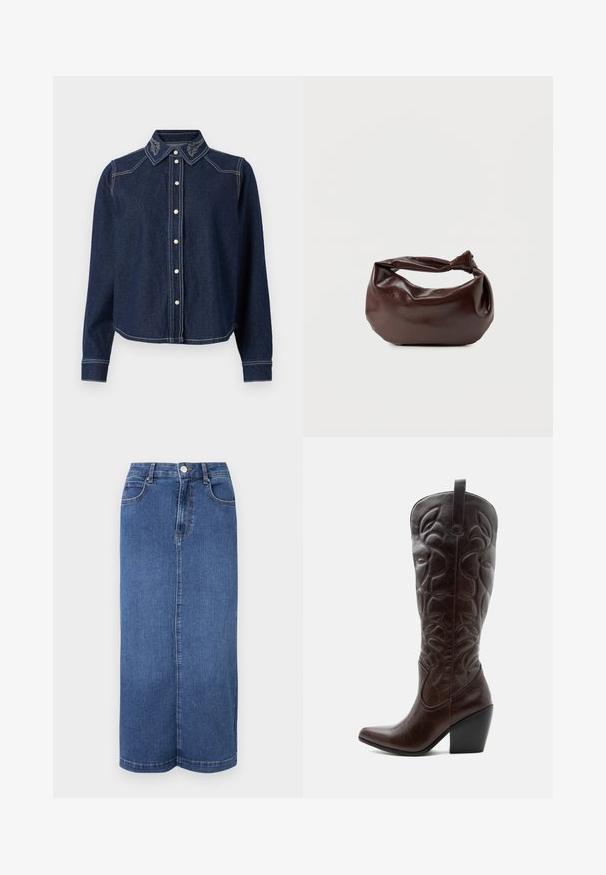 JDY Denim JDYBELLA Denim - Nööpidega pluus - dark blue denim; Tumed sinine teksaseelik, sirge lõikega, nupuga vöökoht ja minimaalsed õmblusdetailid.; Kõrge tumepruun nahast kauboi saabas, millel on õmmeldud dekoratiivsed mustrid, terava varbaosaga ja kuhjatud plokk-kontsaga.; Tumepruunast nahast õlakott, pehme ja lõdva vormiga, keeratud sõlme tüüpi sangaga, valgel ühevärvilisel taustal.