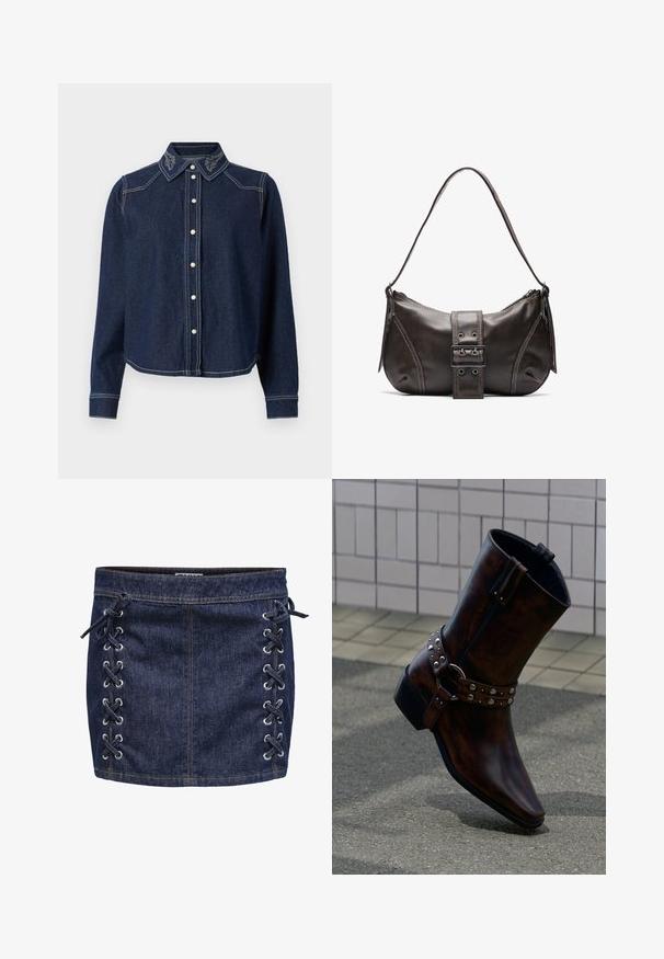 JDY Denim JDYBELLA Denim - Nööpidega pluus - dark blue denim; Tumesinine denimpallistik, millel on külgedel nöörimise detail ja hõbedased neetid. Omab siledat tekstuuri ja kontrastset tikandit.; Tumepruun nahast pahkluu saabastega, millel on hõbedased naelad ja rihmakujundus, taustaks on plaaditud sein ja betoonpõrand.; Pruunist nahast õlakott kumerate joontega, millel on silmapaistev pandla detail, kontrastne õmblus ja üks õlavarre rihm.