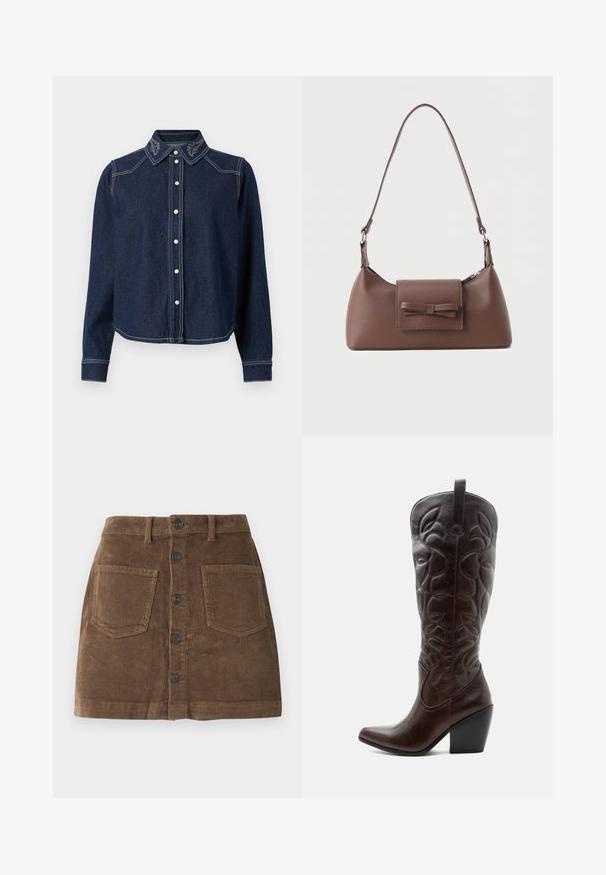 JDY Denim JDYBELLA Denim - Overhemdblouse - dark blue denim; Bruine corduroy rok met een getailleerde taille, voorzien van een knoopsluiting aan de voorkant, twee voorzakken en een getextureerde ribbelstof.; Lange donkerbruine leren cowboylaars met gestikte decoratieve patronen, spitse neus en gestapelde blokhak.; Bruine leren schoudertas met een voorvak met klep en een gestikte strikdetail en een verstelbare band.