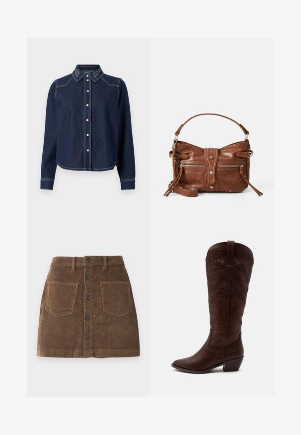 JDY Denim JDYBELLA Denim - Skjortebluser - dark blue denim; Brun kordfløjlsskjørt med en tætsiddende talje, forsynet med en knaplukning foran, to forlommer og et struktureret ribbet stof.; Høj brun læder cowboystøvle med detaljerede sømme, en spids tå og en blok hæl på en ensartet lys baggrund.; Brun læderhåndtaske med en rund form, to frontlommer med lynlås og en aftagelig skulderrem. Udstyret med hardware og syninger i sølvfarve.
