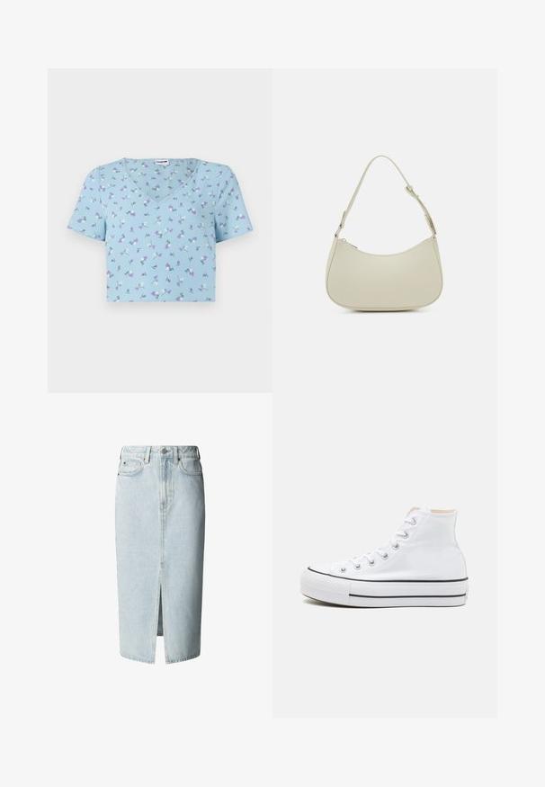 Hellblaues kurzärmliges V-Ausschnitt-T-Shirt mit floralem Muster, das lila und weiße Blumen auf einem strukturierten Stoff zeigt.; Hellblauer Denim-Midirock mit vorderem Schlitz, Gürtelschlaufen, Knopf- und Reißverschluss sowie Front- und Gesäßtaschen.; Weiße High-Top-Sneaker aus einem Material aus Segeltuch, mit schwarzer Gummisohle und kontrastierendem schwarzen Streifen auf der Zwischensohle. Runde Zehenkappe und Schnürdesign.; Pieces PCALUANA SHOULDER BAG - Handtasche - birch