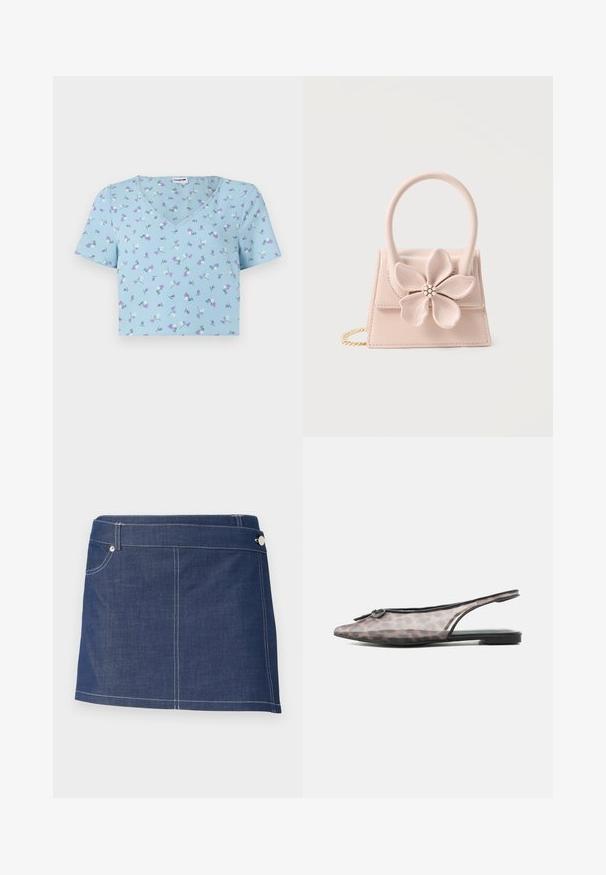 Lichtblauwe T-shirt met korte mouwen en V-hals, versierd met een bloemenpatroon met paarse en witte bloemen op een gestructureerde stof.; Denim mini-rok in donkerblauw met witte stiksels, voorzien van een enkele voorzak en een metalen knoopsluiting bij de tailleband.; Puntschoen slingback plat met doorschijnend luipaardprint bovenwerk en een kleine ronde versiering vlakbij de teen.; Kleine lichtroze handtas met een grote bloemdecoratie met parel- en strass-steencentrum, een handvat aan de bovenkant en een gouden kettingriem.