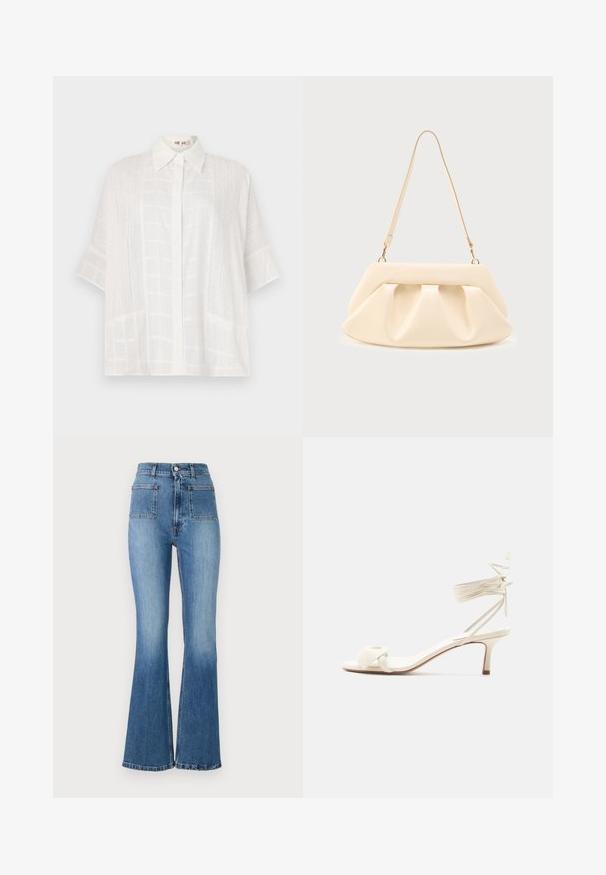 Chemise blanche à manches courtes avec une fermeture bouton, des motifs texturés subtils et une coupe décontractée, confectionnée en tissu léger.; Jean en denim bleu évasé avec taille haute, comportant deux poches arrière et un délavage. L'ourlet est cousu avec un design subtil.; Sandale à talon bas de couleur crème avec des liens à nouer autour de la cheville et une large bride torsadée sur les orteils, sur un fond blanc uni.; Sac à main en cuir couleur crème avec des plis froncés, des ferrures dorées, et une seule bandoulière fine sur un fond uni.