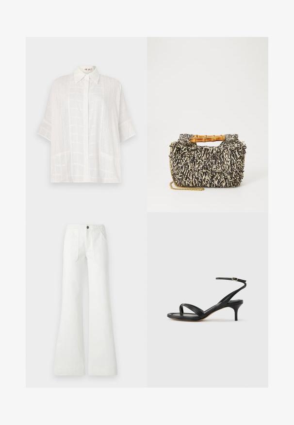 Chemise blanche à manches courtes avec une fermeture bouton, des motifs texturés subtils et une coupe décontractée, confectionnée en tissu léger.; Pantalon évasé blanc en tissu tissé, avec une ceinture tressée, deux poches avant et une texture lisse. Fermé avec un bouton noir.; Sandale pour femme en cuir noir avec fines lanières, une boucle d'orteil, une boucle à la cheville et un talon aiguille de hauteur moyenne sur un fond neutre.; Sac tissé avec un motif texturé noir et crème, une poignée en bambou et une bandoulière en chaîne dorée amovible. Forme rectangulaire compacte.