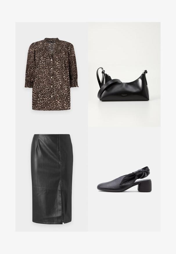 Camisa de leopardo en tonos marrones y negros, con un cierre de botones en la parte delantera, mangas ¾ con detalles fruncidos y cuello redondo.; Falda lápiz de cuero negro con un diseño elegante, que cuenta con una abertura lateral y una textura suave, adecuada para uso formal o casual.; Zapato slingback de cuero negro con puntera redondeada, detalle de tira anudada y tacón bajo y grueso sobre fondo blanco.; Bolso de mano de cuero negro con una textura suave. Cuenta con una correa ajustable y un diseño elegante y minimalista con cierre de cremallera.