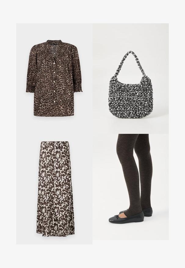 Camisa de leopardo en tonos marrones y negros, con un cierre de botones en la parte delantera, mangas ¾ con detalles fruncidos y cuello redondo.; Falda marrón con un patrón abstracto blanco, con un diseño fluido y una textura suave, que llega hasta la mitad de la pantorrilla.; Piernas con leggings oscuros acanalados combinados con bailarinas negras que presentan pequeños detalles de lazo sobre un fondo blanco.; Bolso de mano tejido en blanco y negro con forma redondeada, superficie texturizada y asa trenzada. Adecuado para uso casual.