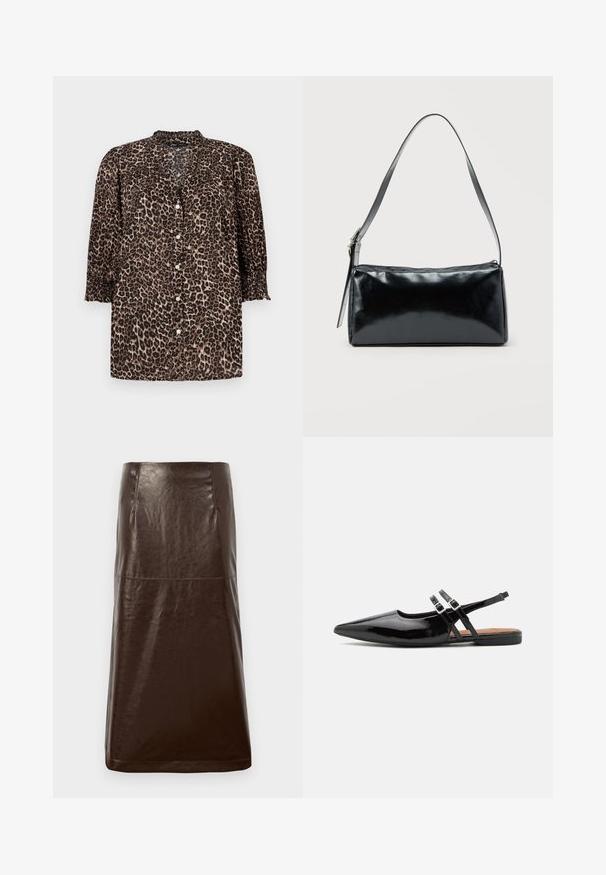 Chemise imprimé léopard dans des tons marron et noir, avec un devant boutonné, des manches ¾ avec des détails froncés, et un col rond.; Jupe en cuir brun avec une texture lisse, une silhouette droite et un subtil éclat. Présente une coupe au genou et des détails de couture minimalistes.; Des chaussures slingbacks en cuir verni noir présentent un bout pointu, deux sangles avec des accents de boucle, et une semelle plate.; Sac d'épaule rectangulaire noir avec une sangle réglable unique et une fermeture éclair supérieure sur un fond uni.