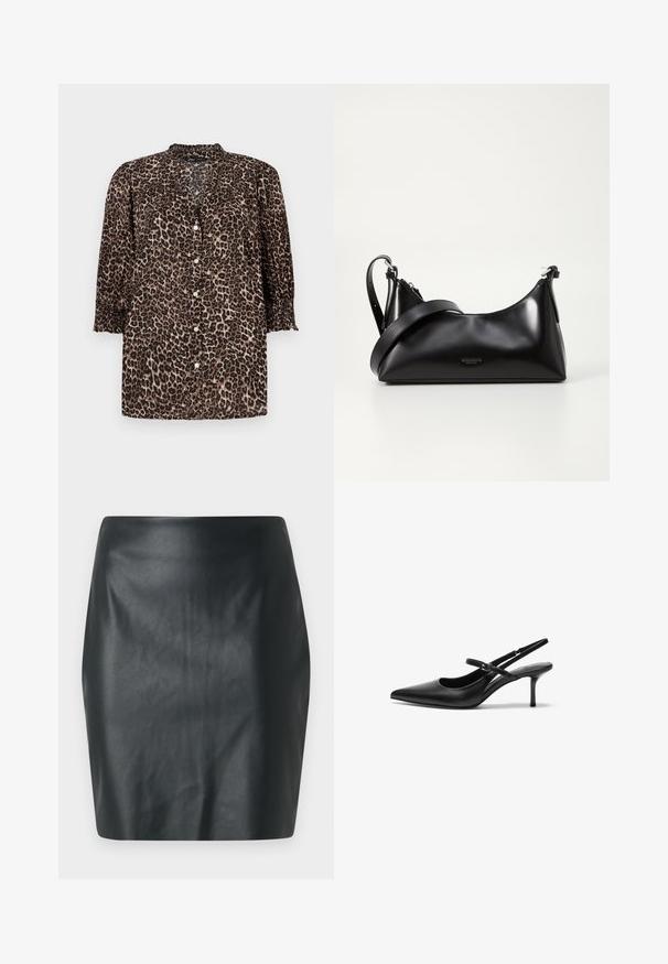 Løveprint skjorte i brune og sorte nuancer, med knaplukning foran, ¾ ærmer med samlede detaljer og rund halsudskæring.; Sort faux læder mini skirt med en glat tekstur, slim fit og lige pasform. Ingen synlig hardware eller udsmykninger.; Sorte læder slingback hæle med spids tå, slank justerbar rem og en stiletto hæl på cirka 5 cm, glat tekstur.; Sort læderhåndtaske med en glat tekstur. Har en justerbar stropp og et enkelt, minimalistisk design med lynlås.