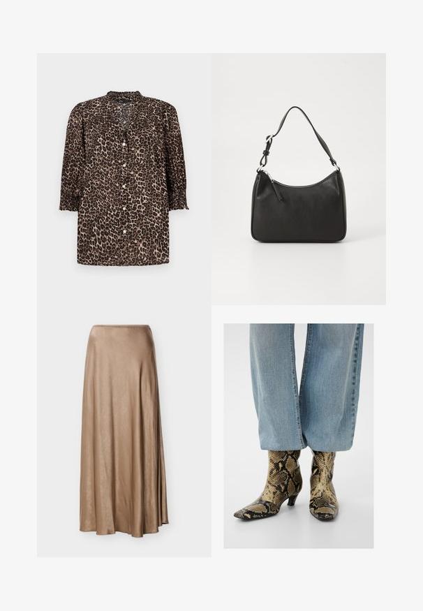 Leopardprint shirt in bruine en zwarte tinten, met een knoopsluiting aan de voorkant, ¾ mouwen met geraffineerde details en een ronde halslijn.; Beige satijnen midirok met een lichte flair en een gladde textuur, voorzien van een aansluitende tailleband en zachte plooien.; Blauwe spijkerbroek bedekt gedeeltelijk laarzen met een spitse neus en lage hak, met een bruin-zwarte slangenhuidprint.; Zwarte leren handtas met een gebogen vorm, een enkele schouderband, ritsluiting en subtiele branding aan de voorkant. Glad textuur, minimalistisch ontwerp.