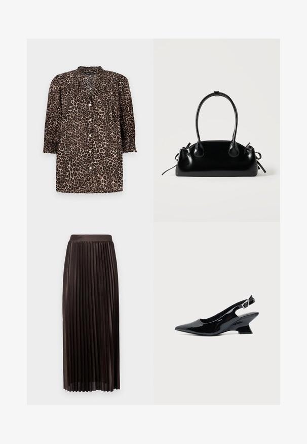 Chemise imprimé léopard dans des tons marron et noir, avec un devant boutonné, des manches ¾ avec des détails froncés, et un col rond.; Jupe midi plissée en tissu marron foncé, avec une taille lisse, un design long jusqu'au sol et des plis verticaux pour une texture supplémentaire.; Chaussure slingback en cuir verni noir avec bout pointu et petit talon bloc incliné sur fond clair uni.; Petit sac à main noir brillant avec deux longues anses et des détails à cordon sur les côtés sur un fond clair uni.