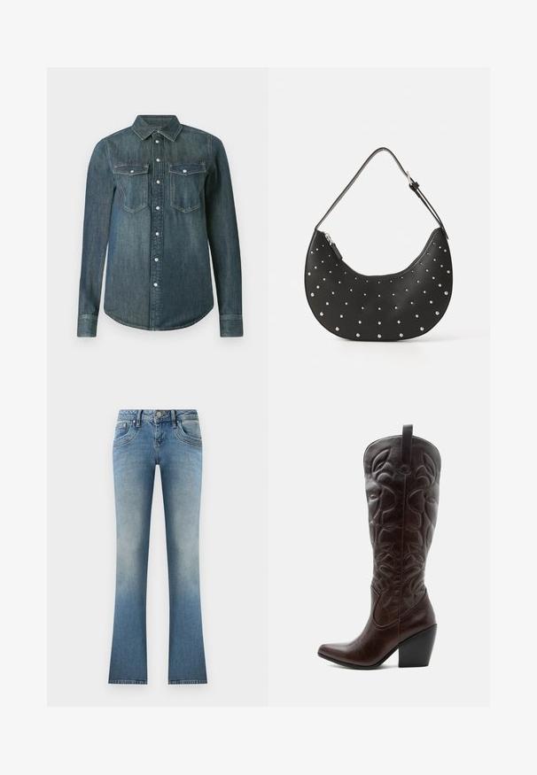 Donkerblauwe denim blouse met lange mouwen, knoopsluiting aan de voorkant en twee borstzakken met kleppen en knopen.; Lichtblauwe flared jeans van denim. Heeft een vervaagde wassing, vijf zakken en een knoopsluiting met riemlussen aan de taille.; Lange donkerbruine leren cowboylaars met gestikte decoratieve patronen, spitse neus en gestapelde blokhak.; Zwarte leren handtas met een gebogen vorm, versierd met zilveren studs, voorzien van een ritssluiting en een enkele verstelbare schouderband.
