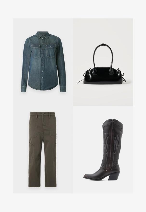 Pika varrukaga tumedasinine teksasärk, ees nööpidega ja kaks rindtaskut, millel on klapid ja nööbid.; Good American CROPPED PANTS - Kargopüksid - fatigue; Pruunid nahast kootsasaapad leegitikkimisega, küljes lukk, hõbedased naelad, terav nina ja paks konts.; Väike must läikiv käekott kahe pika sangaga ja külgedel paelakinnitustega, ühel lihtsal helel taustal.