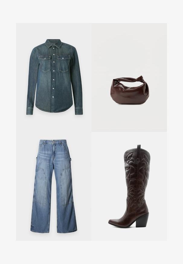 Langærmet mørkeblå denimskjorte med knaplukning foran og to brystlommer med klap og knapper.; Good American GOOD EASE RELAXED - Jeans Relaxed Fit - indigo; Høj mørkebrun læder cowboystøvle med syede dekorative mønstre, spids tå og stablet blokhæle.; Mørkebrun læder skuldertaske med en blød, afslappet form og et snoet knudehåndtag på en ensartet hvid baggrund.
