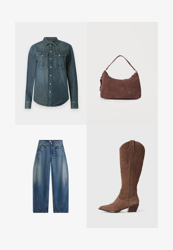 Tummansininen pitkähihaisen denim-paita, jossa napit edessä sekä kaksi rintataskua läppineen ja napein.; Siniset korkeavyötäröiset leveälahkeiset farkut, joissa haalistuneita laikkuja etureisissä, viiden taskun malli, nappikiinnitys ja hillitty merkin logo etutaskussa.; Ruskeat mokka cowboy-kengät, joissa on terävä toe, keskipitkä varsi, koristeelliset ompeleet sivuilla ja pinottu puukorko.; Ruskea mokkanahkainen olkalaukku, jossa on yksittäinen kahva ja vetoketjukiinnitys, esitetty yksinkertaista vaaleaa taustaa vasten.