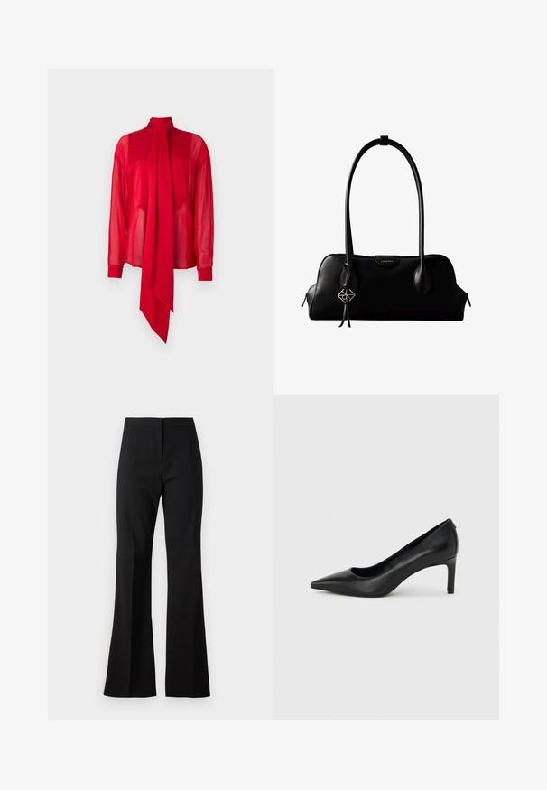 Blouse rouge transparente avec un col haut et des manches longues. Présente un détail de nœud drapé en avant et des poignets ajustés.; Pantalon noir évasé en tissu lisse, avec une taille haute, des plis sur le devant et une finition nette aux ourlets.; Escarpin à bout pointu en cuir noir avec un talon fin de hauteur moyenne sur un fond gris clair uni.; Sac à main en cuir noir Calvin Klein avec de longues anses, une étiquette logo à l'avant et un charme géométrique argenté suspendu à une anse.