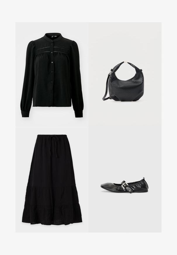 Vero Moda VMEMMA LACE SHIRT NOOS - Chemisier - black; Jupe noire longueur cheville à coupe ample, taille élastique avec cordon de serrage et design en volants superposés, présentée sur un fond uni.; Chaussure plate en cuir noir avec un nez pointu, des détails froncés autour de l'ouverture et un accent en boucle argentée sur la bride ajustable.; Sac à main en cuir tressé noir avec poignée courte et bandoulière amovible, présenté sur un fond clair uni.