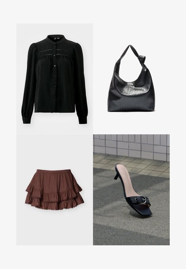 Vero Moda VMEMMA LACE SHIRT NOOS - Chemisier - black; Mini-jupe marron à volants superposés avec une ceinture élastique et des volants bordés de dentelle sur un fond clair uni.; Mule sandale à talon noir avec bout carré, boucle argentée sur la bride, posée sur l'asphalte près d'un mur carrelé.; Sac à main en cuir tissé noir au design décontracté, avec une sangle nouée et une petite clou doré décoratif en haut.