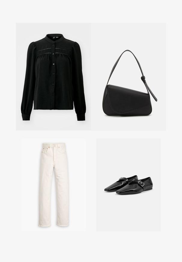 Vero Moda VMEMMA LACE SHIRT NOOS - Chemisier - black; Jeans en denim blanc avec un design à jambe droite, style cinq poches et accents en métal cuivré. Finition effilochée au niveau des chevilles.; Paire de chaussures plates en cuir verni noir à bouts pointus avec une bride à boucle sur le dessus, montrée sur un fond clair uni.; Sac à main en cuir noir de forme triangulaire, avec un rabat incliné et une poignée supérieure arrondie. Il présente une texture lisse et des détails de design minimalistes.