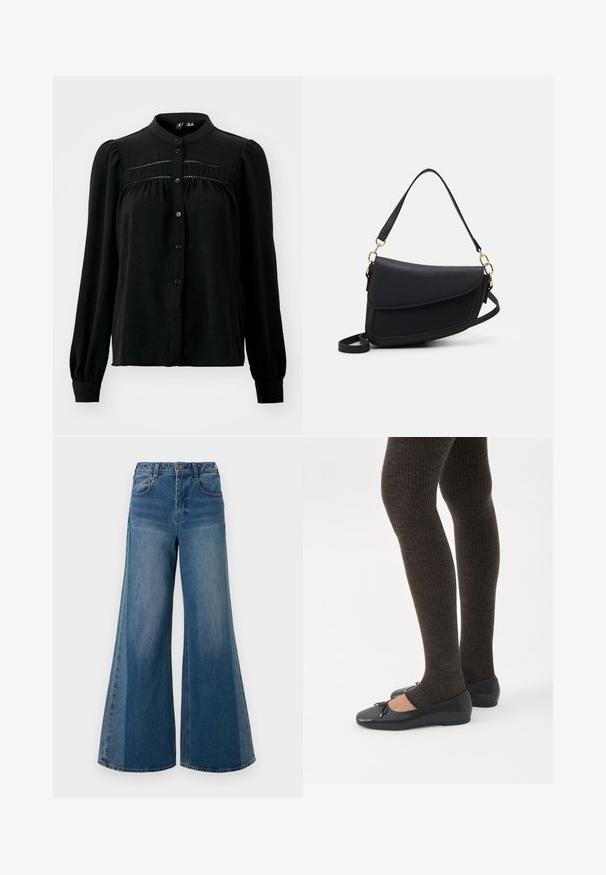 Vero Moda VMEMMA LACE SHIRT NOOS - Chemisier - black; Jean en denim à larges jambes dans un lavage bleu foncé, avec taille haute, cinq poches et fermeture à bouton classique. Texture lisse avec un minimum de décoloration.; Jambes portant des leggings côtelés foncés associés à des ballerines noires avec de petits détails en nœud sur fond blanc.; Sac à main en cuir noir avec une finition texturée, doté d'une seule bandoulière et d'accents en métal doré. Le design est élégant et minimaliste.