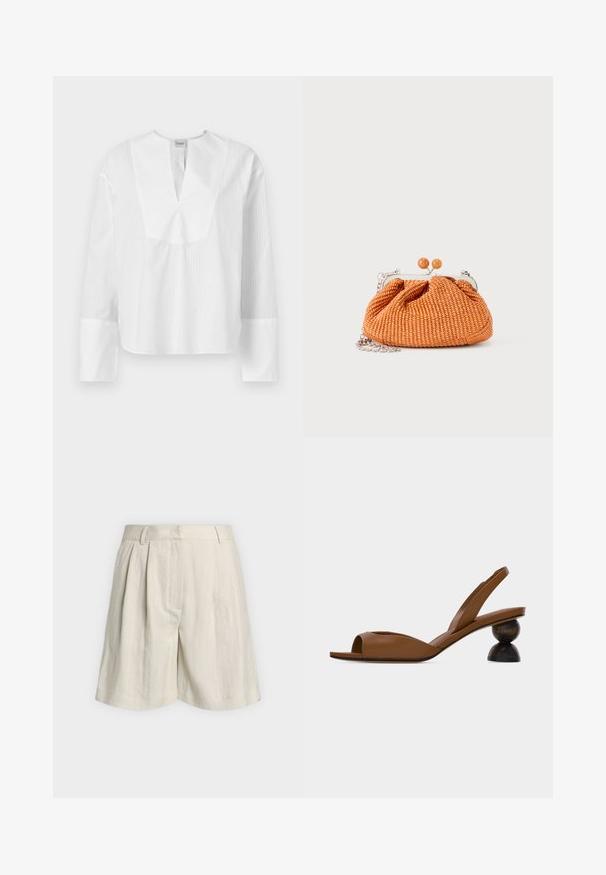Chemisier blanc à manches longues avec un décolleté fendu et des rayures texturées contrastées. Présente une coupe ample et des manches larges avec des poignets blancs.; Short beige taille haute avec passants de ceinture, plis devant et coupe large aux jambes, présenté sur un fond clair uni.; Sandale marron à bout ouvert avec bride arrière, dotée d'un talon en bois rond distinctif en deux parties sur un fond clair uni.; Petit sac pochette tissé orange avec cadre en métal argenté, fermoir rond et bandoulière chaîne argentée sur fond blanc.
