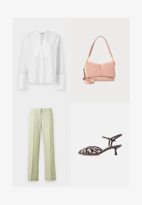 Witte blouse met lange mouwen, een gespleten halslijn en contrasterende textuurstrepen. Heeft een boxy pasvorm en brede mouwen met witte manchetten.; Lichtgroene rechte broek met voorplooien, tailleband en een verborgen vooraanluiting, getoond tegen een effen achtergrond.; Donkerbruine leren sandaal met bandjes en kitten heel, verstelbare gesp rond de enkel, op witte achtergrond.; Lichtroze leren handtas met een opgevouwen ontwerp, gevlochten handvat, gouden accenten en een verstelbare schouderriem.