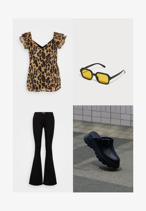 Top met luipaardprint, korte gerimpelde mouwen, V-hals en een semi-doorzichtige, lichte stof in tan- en bruintinten.; Zwarte uitlopende jeans van stretchdenim, met een aansluitende taille, voor- en achterzakken en een knoopsluiting in de taille.; Zwarte instapklomp met dikke grof profielzool en verstelbare band, geplaatst boven asfalt met betegelde muur op de achtergrond.; Zwarte rechthoekige zonnebril met gele lenzen. Kenmerken zijn onder andere dikke monturen en een hoekig ontwerp met een gladde, glanzende afwerking.