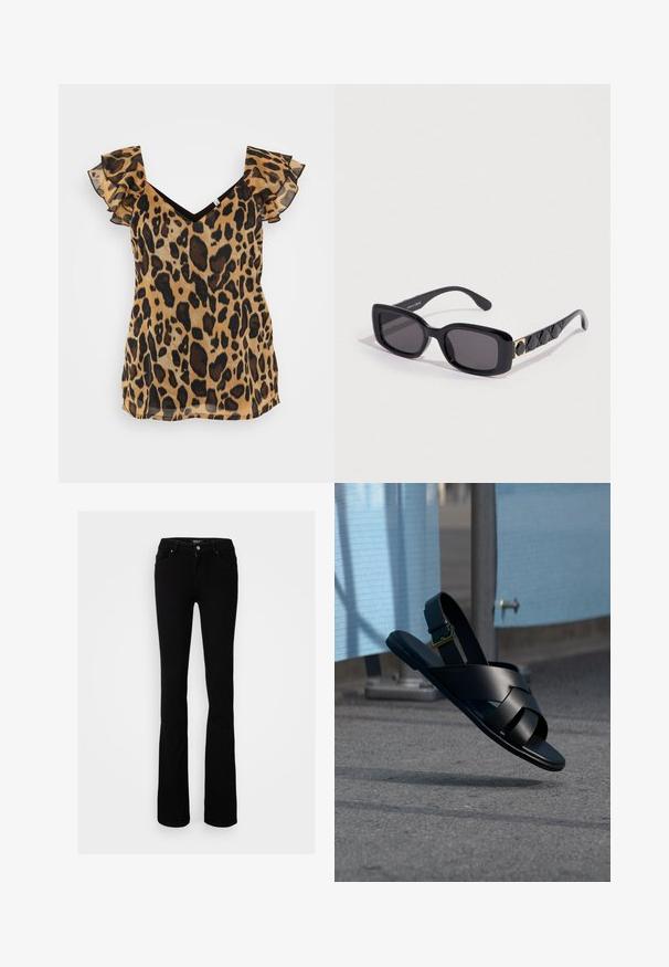 Løveprint top med korte, flæseærmer, V-halsudskæring og et semi-gennemsigtigt, letvægtsstof i tan og brune nuancer.; Sorte stræk denim flared jeans med knaplukning, fire lommer og en glat overflade, designet til en tætsiddende silhuet.; Sort lædersandal med ankelsnor, der svæver over asfalt nær en blå byggepladsbarriere.; Sorte rektangulære solbriller med mørke linser. Stellet har en blank finish og et mønstret sort og gyldent dekor på brillestangen.