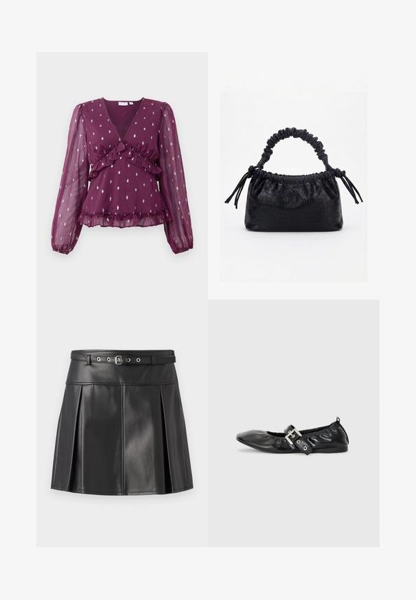 Burgunderfarbene Bluse mit langen, transparenten Ärmeln, Rüschendetails und silbernem Punktmuster; V-Ausschnitt und fransierter Saum.; Schwarzer plissierter Rock aus Kunstleder, mit einem enganliegenden Taillenbund und einem Gürtel sowie silbernen Metallakzenten. Glatte Textur.; Schwarze Leder-Ballerinas mit spitzem Zehenbereich, gerafften Details am Schaft und einem silbernen Schnallenakzent am verstellbaren Riemen.; Schwarze Handtasche mit Krokodilstruktur, gerafftem oberen Rand, zusammengezogenem Griff und Zugkordeln mit Quasten an jeder Seite vor weißem Hintergrund.