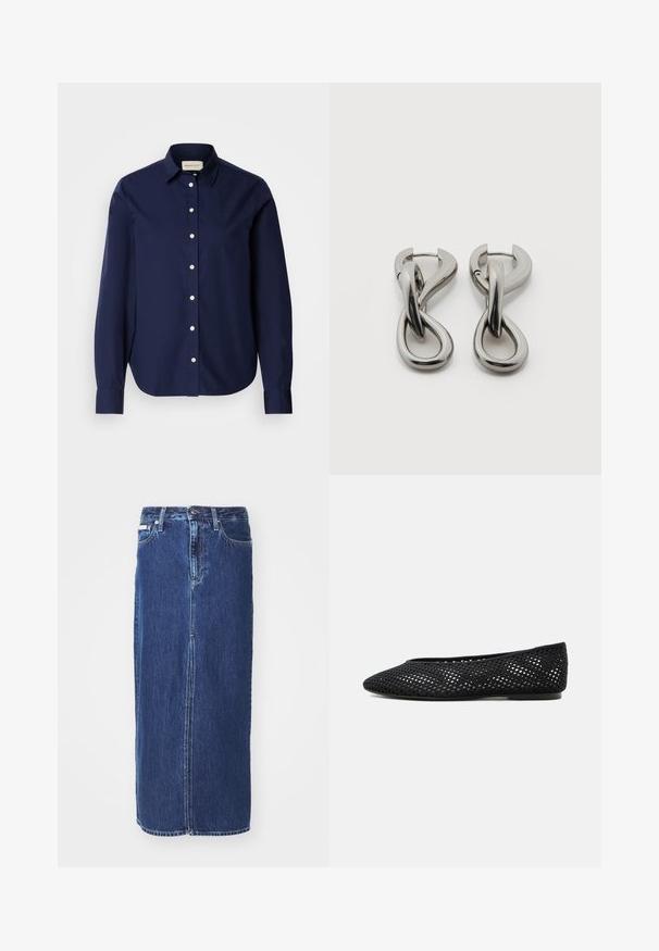 Mørkeblå langærmet skjorte lavet af bomuld, med spids krave, hvide knapper og et diskret logo på brystet. Enkel tekstur.; Mørkeblå denimnederdel, knælang, med slidse foran, traditionel talje og fem-lommes design med kontrasterende syninger.; Sort mesh flad sko med lukket tå og lav hæl, med åndbar vævet design og diskret side-logo.; Par af sølvtonede metale øreringe med abstrakt sammenflettet løbedesign på hvid baggrund.