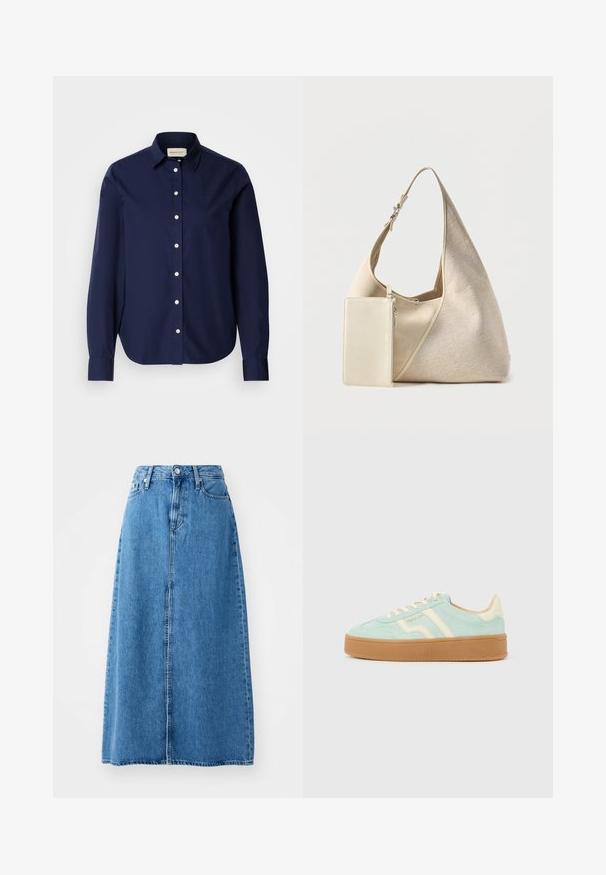 Dunkelblaues Langarmhemd aus Baumwolle mit spitzem Kragen, weißen Knöpfen und einem dezenten Logo auf der Brust. Einfarbiges Design.; Maxi-Rock aus blauer Jeans mit einem knopfverschluss vorne, zwei Taschen und einem geraden Schnitt mit rohem Saum. Klassisch und vielseitig.; Sneaker in Mintgrün aus Wildleder, niedrig geschnitten, mit cremefarbenen Schnürsenkeln und Streifen, brauner Sohle und "GANT"-Logo an der Seite.; Beige Stoff-Hobo-Tasche mit verstellbarem Riemen und angebrachtem kleinem rechteckigem Reißverschlussfach in passender Farbe.
