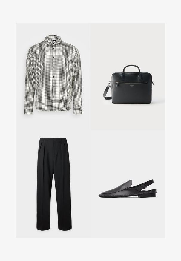 Chemise à boutons en noir et blanc à carreaux avec un col, des manches longues et un ourlet droit. Fabriquée dans un tissu léger et dotée de boutons noirs.; Pantalon formel noir avec plis, passants de ceinture et fermeture par bouton à la taille, présenté sur un fond clair uni.; Mule mocassin en cuir noir avec bride arrière à boucle, semelle plate et coutures visibles le long des bords.; Mallette rectangulaire en cuir noir avec doubles poignées, poche zippée avant et bandoulière amovible sur un fond clair uni.