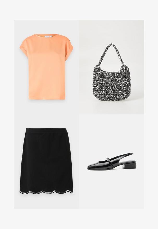 T-shirt à manches courtes en tissu orange doux. Encolure ronde, coupe décontractée avec des poignets retroussés. Texture lisse avec un léger éclat.; Jupe noire mi-longue avec un ourlet festonné orné de paillettes argentées, en tissu lisse et avec une taille ajustée.; Chaussure slingback en cuir verni noir avec un petit talon bloc et une fine bride avec une boucle argentée sur le dessus.; Sac en osier noir et blanc de forme arrondie, avec une surface texturée et une poignée tressée. Convient à un usage décontracté.