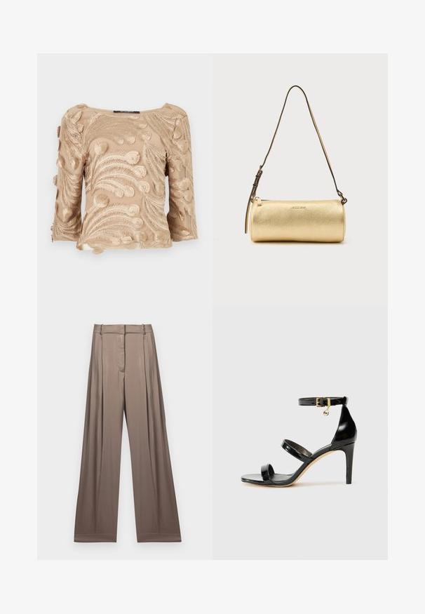 Beige sheer blouse met ingewikkelde geborduurde varenachtige patronen, met driekwart mouwen en een rechte halslijn.; Wijduitlopende broeken in een gedempt taupe kleur, gemaakt van een gladde stof met een satijnen afwerking. Heeft een op maat gemaakte tailleband en subtiele plooien.; Zwarte gepatineerde leren sandaal met drie banden, enkelgesp en 10 cm hoge stiletto hak. Bevat gouden hardwaredetails en een logo charm.; Gouden cilindervormige lederen schoudertas met verstelbare riem en ritssluiting, Michael Kors-logo in het midden aan de voorkant.